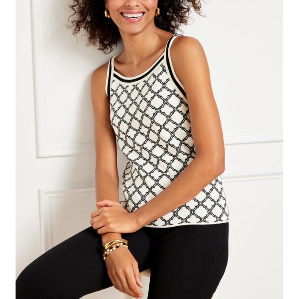 Talbots Lattice Jacquard Tipped Halter‎ Sweater Top Small Black White Geometric